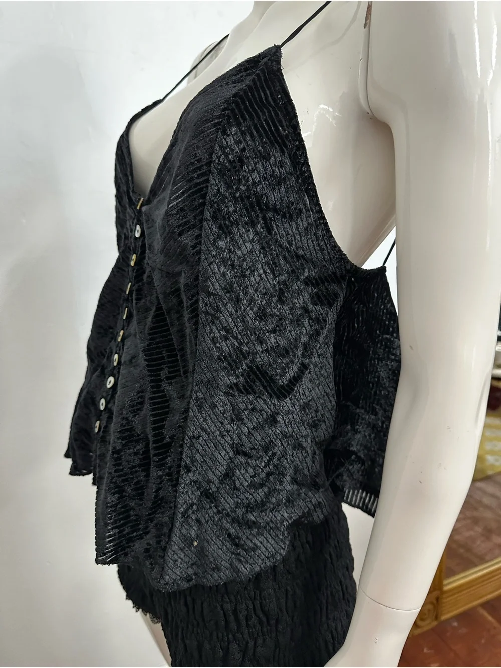 Free People Black Velvet Ribbed Button-Front Cami